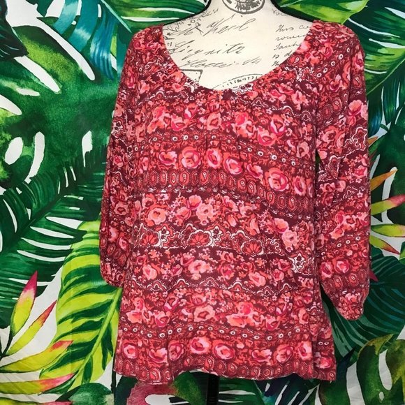 Lucky Brand Women's Small Red Floral Work Business Casual Blouse - Picture 1 of 8